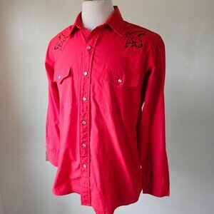 Vintage 80s Saddle King Western Shirt Embroidered Horses Red Pearl Snap Rodeo L
